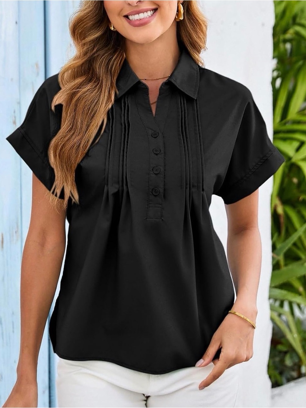 NWT Dokotoo Womens Black Casual Short Sleeve Pleated Blouse